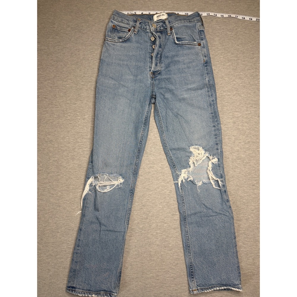 AGOLDE 90s Distressed High Rise Straight Leg Jeans 24 Button Fly Ripped Knee - Picture 2 of 11